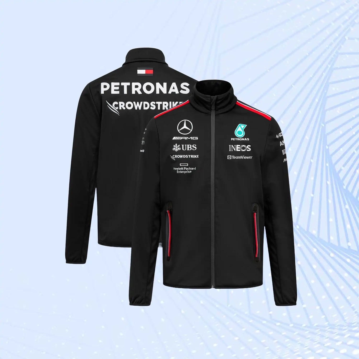 Front and back view of a black Mercedes AMG Petronas Formula 1 Team softshell jacket with full zip, long sleeves, and team graphics.