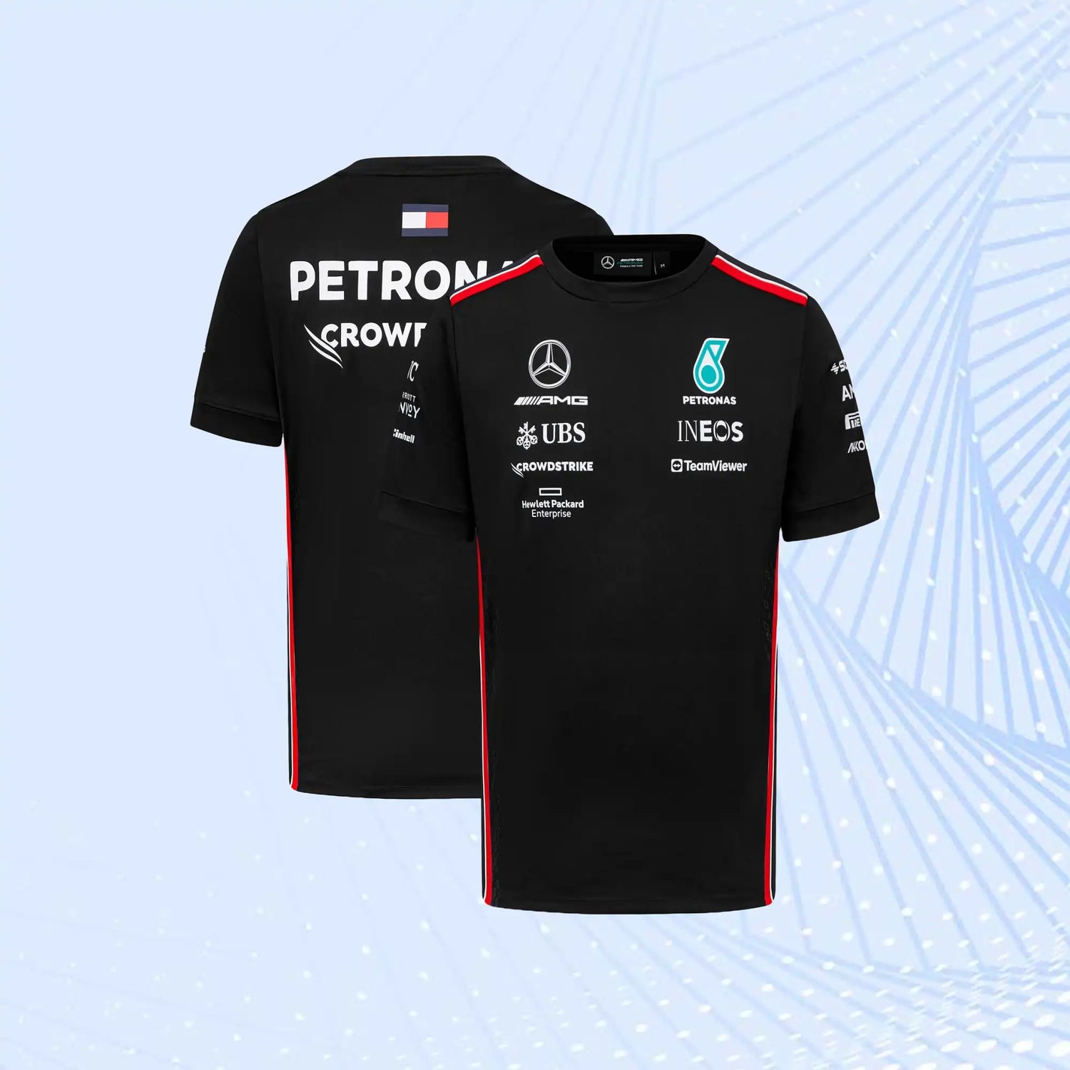Front and back view of a black Mercedes AMG Petronas F1 team t-shirt with team and sponsor graphics.